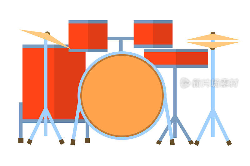 红色的鼓设置在白色的背景低音鼓骑铙钹碰撞hi-hat snare站平面设计矢量插图